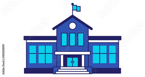 Flat Blue School Building With Flags and in Detailed Vector Art Style