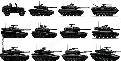 Military tank and armored vehicle silhouettes collection isolated on white background, detailed army combat vehicles set including tanks, APC and military transport