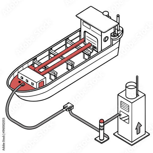 An illustration of a large ship being refueled from a dockside fuel station with a long hose