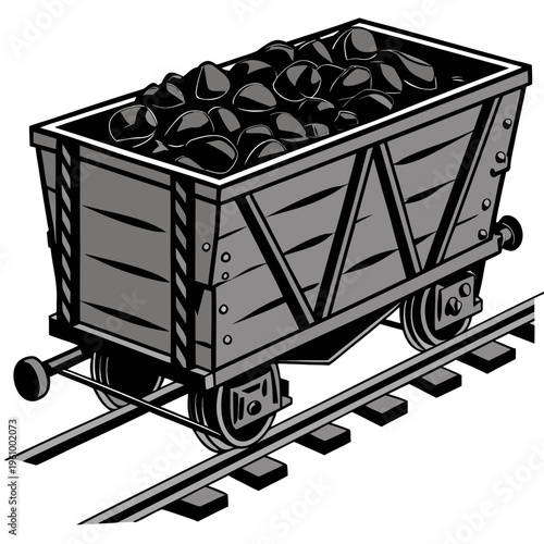A black and white illustration of a mine cart filled with coal on train tracks