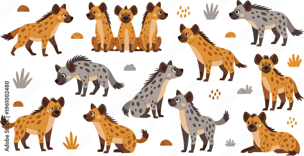 Obraz premium Hyena Animal Collection Featuring Cartoon Wildlife Characters in Various Poses for Safari, African Savanna, and Nature Illustration Design Projects.