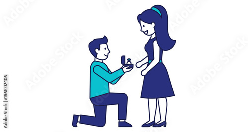 Man Proposing Marriage to Woman with Engagement Ring Box Romantic Proposal Cartoon Flat Design