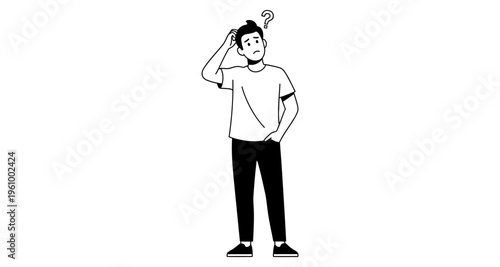 Man Scratching Head Pondering Question Mark Confused Thought Process Simple Line Art