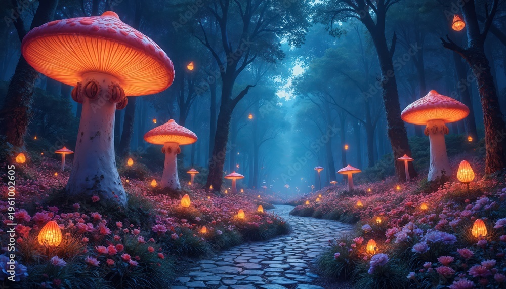 Obraz premium Magical forest path with giant glowing mushrooms and luminous flowers. Mystical woods at night, fantasy nature landscape, enchanted fairytale scene with soft lights.