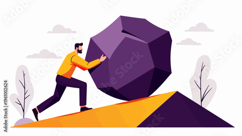 Flat vector illustration of a business person pushing a giant boulder up a hill for difficult challenges concepts hard work and corporate struggle design.