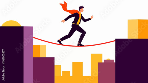 Flat vector illustration of a business person balancing on a tightrope for risk management concepts precarious situations and corporate challenge design.