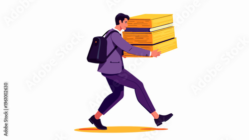 Flat vector illustration of a business person carrying a heavy box for hard work concepts overcoming obstacles and corporate effort design.