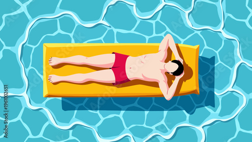 Top view illustration of a person relaxing on a yellow air mattress in a swimming pool for summer vacation travel and holiday leisure concepts.