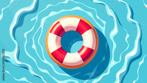 Top view illustration of a red and white life preserver ring floating in blue water for marine safety rescue concepts and summer maritime graphics.