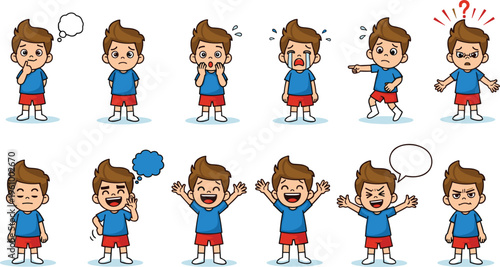 Cartoon Boy Emotions Collection with Different Facial Expressions, Kids Mood Set Including Happy, Sad, Angry, Confused, and Surprised Characters
