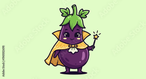 Cute purple eggplant character wearing a yellow cape and holding a magic wand