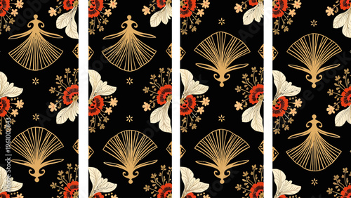 Elegant seamless geometric art deco pattern featuring abstract diamond shapes in gold and black for luxury vintage wallpapers and premium textile design.