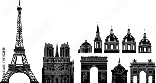 Paris landmark silhouettes collection featuring Eiffel Tower, Notre Dame, and Arc de Triomphe, black vector illustration isolated for travel, tourism, and architecture design
