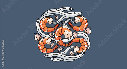 Circular arrangement of cooked shrimp, fish, and garlic cloves