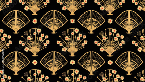 Elegant seamless art deco pattern featuring abstract geometric shell motifs in gold and black for luxury vintage wallpapers and sophisticated interior decor.