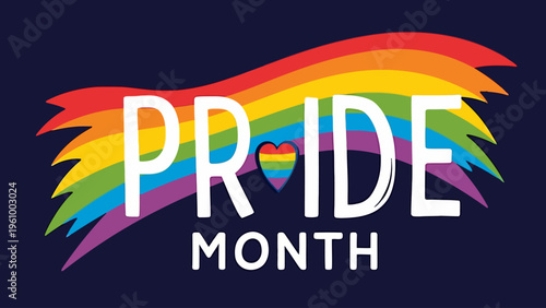 Bold typography graphic reading pride month against a black background with colorful geometric shapes for lgbtq community events and diversity design.