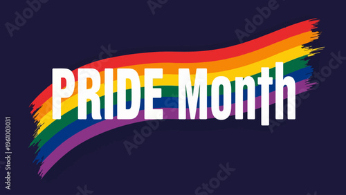Colorful typography graphic reading pride month against a dark background for lgbtq community events diversity celebrations and inclusive design concepts.