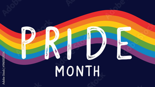Vibrant typography graphic reading pride month surrounded by a colorful rainbow arch against a dark background for lgbtq community events and diversity design.