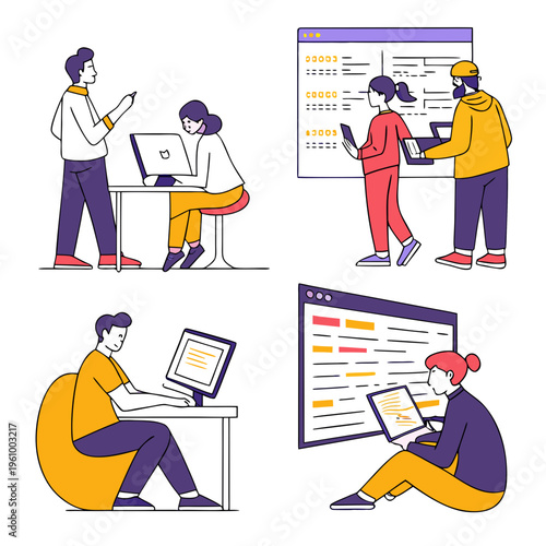 People working on computers and laptops in an office setting with coworkers