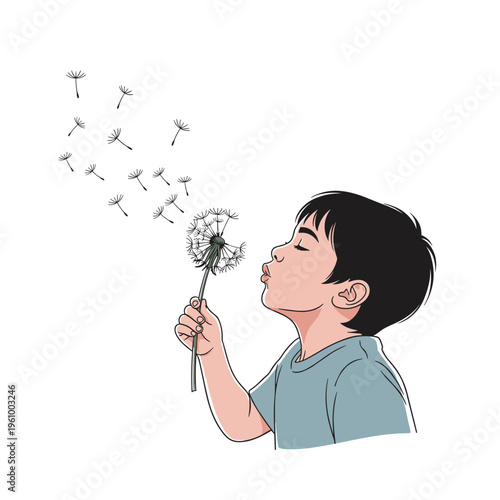 Child blowing dandelion vector illustration spring childhood moment wish concept innocence and freedom flat cartoon style isolated on white background