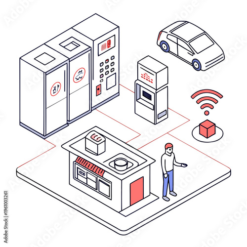 Illustration of a man using a mobile device near a building with vending machines and a car