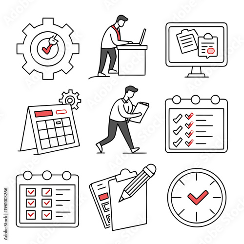 Set of modern line style illustrations for business and productivity concepts