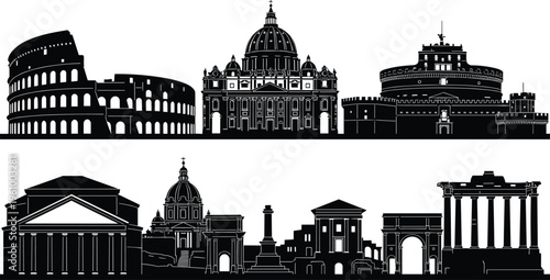 Rome skyline silhouette with famous landmarks including Colosseum, St Peters Basilica, Pantheon and Roman monuments isolated on white background cityscape illustration