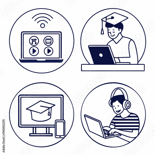 Online learning icons with students and digital devices