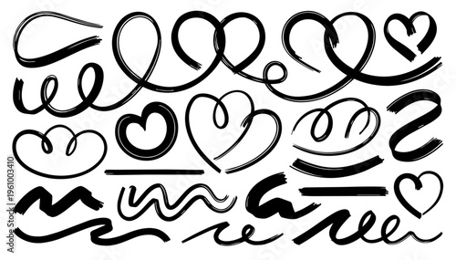 Hand drawn doodle vector set of continuous line art accents in playful minimal single-line sketch style with clean black outlines isolated on white background