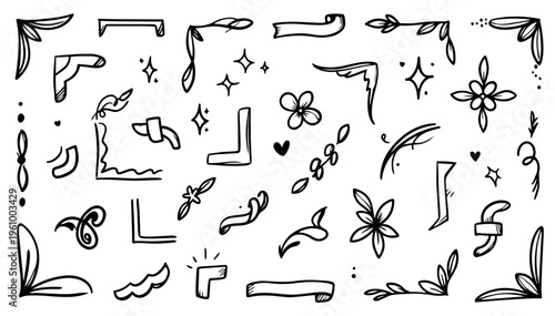 Hand drawn doodle vector set of corner decorations in fun sketchy ink pen style with clean black outlines isolated on white background