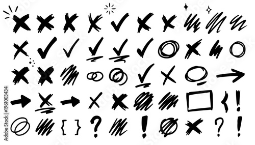Hand drawn doodle vector set of correction and cross marks in playful sketchy ink pen style with clean black outlines isolated on white background