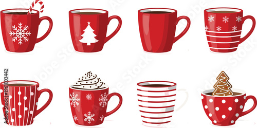 Christmas Mug Collection with Hot Cocoa Cups, Candy Cane, Snowflake, and Festive Winter Drink Illustrations for Holiday Design Projects