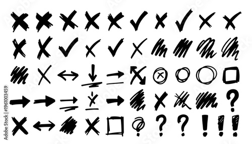 Hand drawn doodle vector set of correction marks in playful sketchy ink pen style with clean black outlines isolated on white background