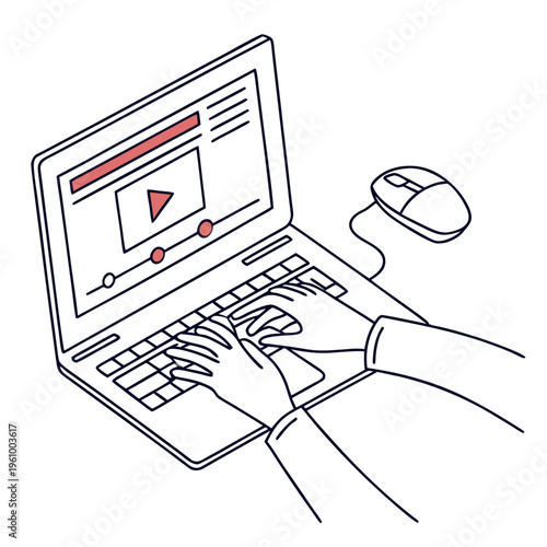 Hands typing on laptop with video playing on screen