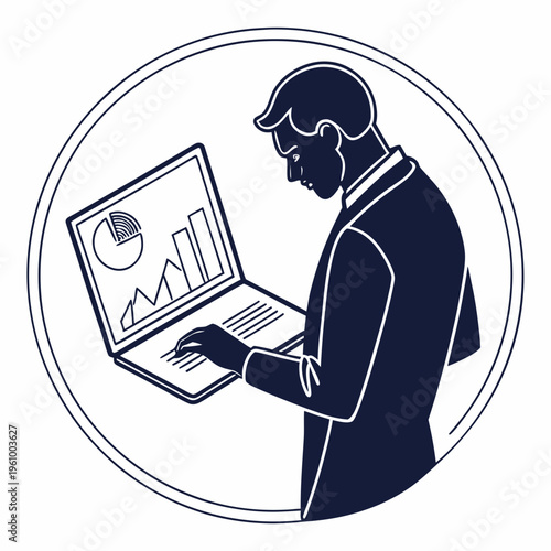 A man in a suit looking at a laptop with graphs on the screen