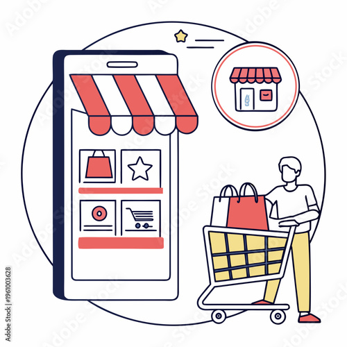 Vector illustration of online shopping concept with mobile phone and storefront