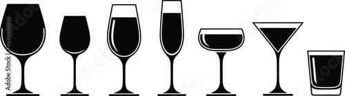 Set of drink glass silhouettes including wine, champagne, cocktail and whiskey glasses isolated on white background, bar beverage collection, alcohol drinkware icons for restaurant design