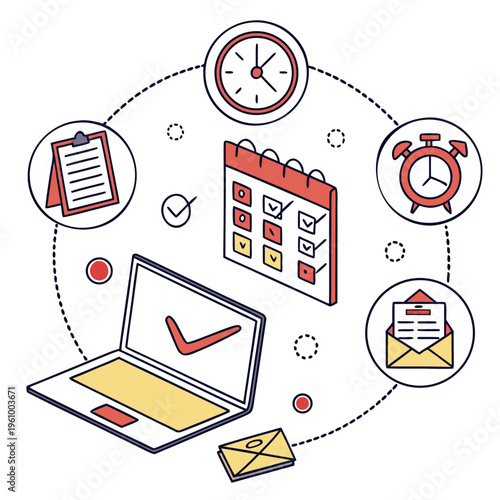 Vector illustration of productivity icons with laptop and calendar