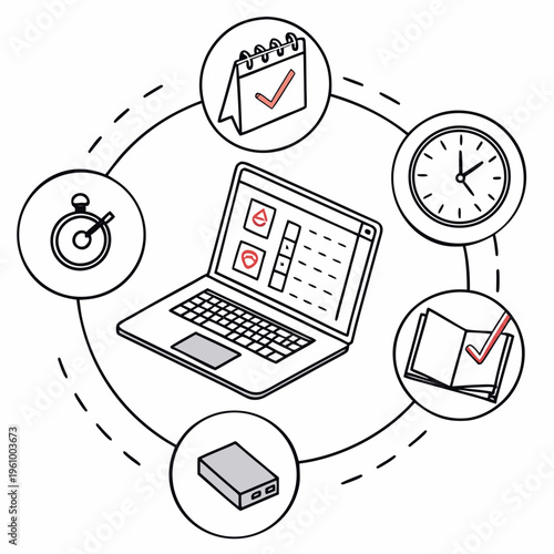 Vector illustration of a laptop with calendar, clock, and checklist icons around it