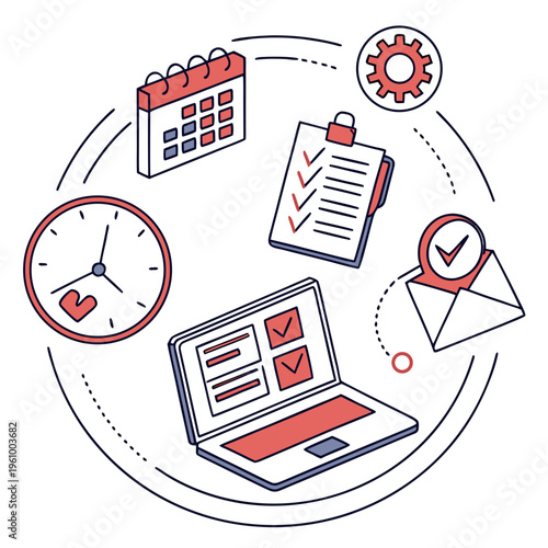 Productivity icons with laptop, calendar, clock and checklist