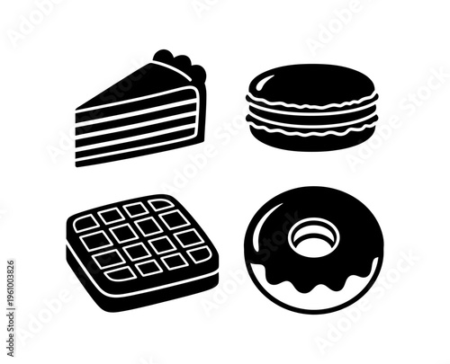 Set of four black and white iconic dessert illustrations slice of cake, macaron, waffle, and donut