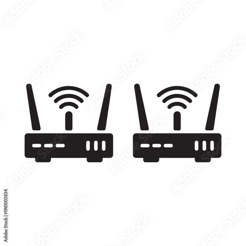 Two black wireless routers with signal waves depicted in a glyph style