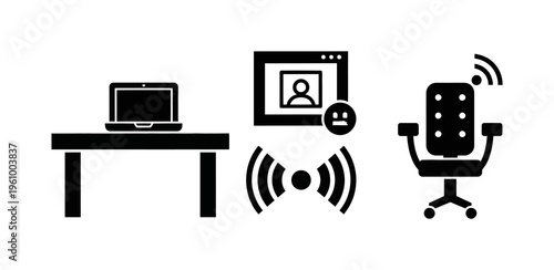 Icons depicting remote work essentials Laptop, video conference with connectivity issues, and a broadcast microphone, symbolizing digital communication challenges