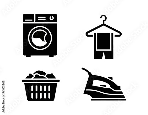 Collection of four laundry icons washing machine, clothes hanger with pants, laundry basket with clothes, and an iron for household chores and domestic tasks