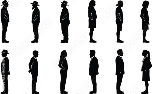 Side view people silhouettes set with men and women in different outfits and poses isolated on white background, profile standing human figures collection concept