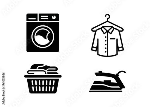 Set of four black and white icons representing laundry and household chores including a washing machine, clothes basket, iron, and shirt on a hanger
