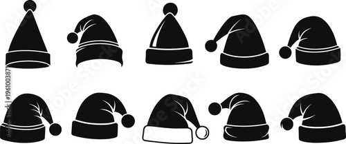 Set of Santa Claus hats silhouettes in different styles isolated on white background, Christmas festive headwear collection, holiday decoration icons for winter celebration design