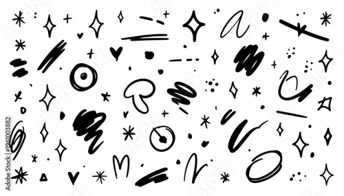 Hand drawn doodle vector set of decorative filler elements in natural minimal ink pen style with clean black outlines isolated on white background