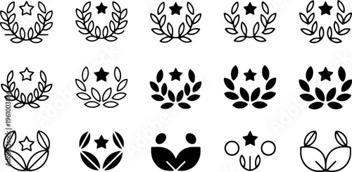Laurel wreath, winner trophy outline icon. Circular foliate wreath with star. Minimalist vector pictogram for awards and achievements