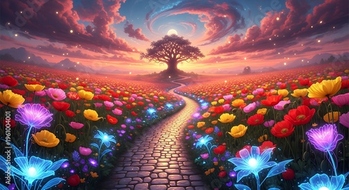 A serene pathway winds through a vibrant field of colorful flowers towards a majestic tree at sunset on transparent background
